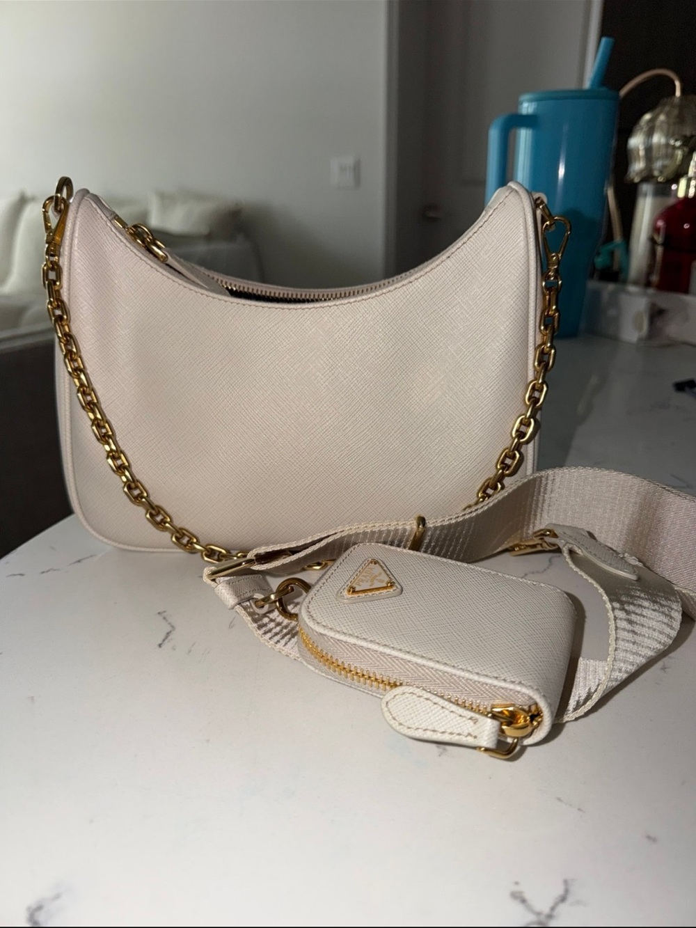 Prada Chalk White Saffiano Leather Shoulder Bag with Gold Chain - Picture 3 of 5